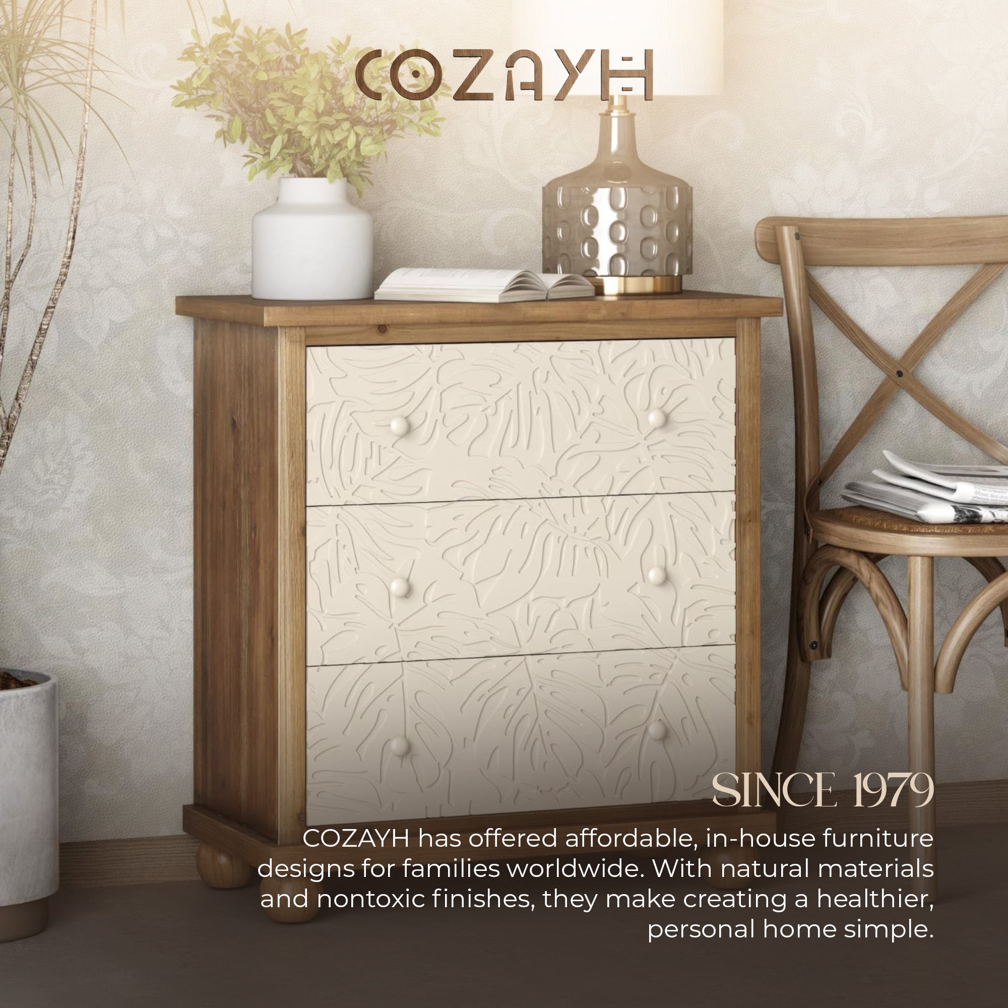 COZAYH Rustic Farmhouse Dresser with Carved Leaves Pattern and 3 Drawers (Used) - VMInnovations