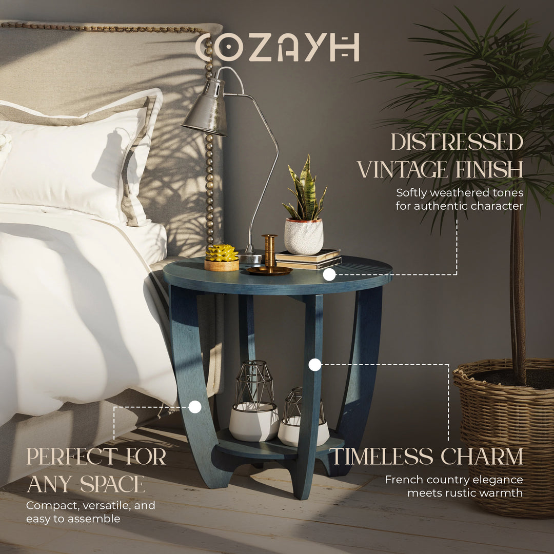 COZAYH Round End Table with Storage Shelf for Living Room or Bedroom, Blue