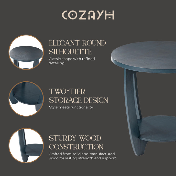 COZAYH Round End Table with Storage Shelf for Living Room or Bedroom, Blue