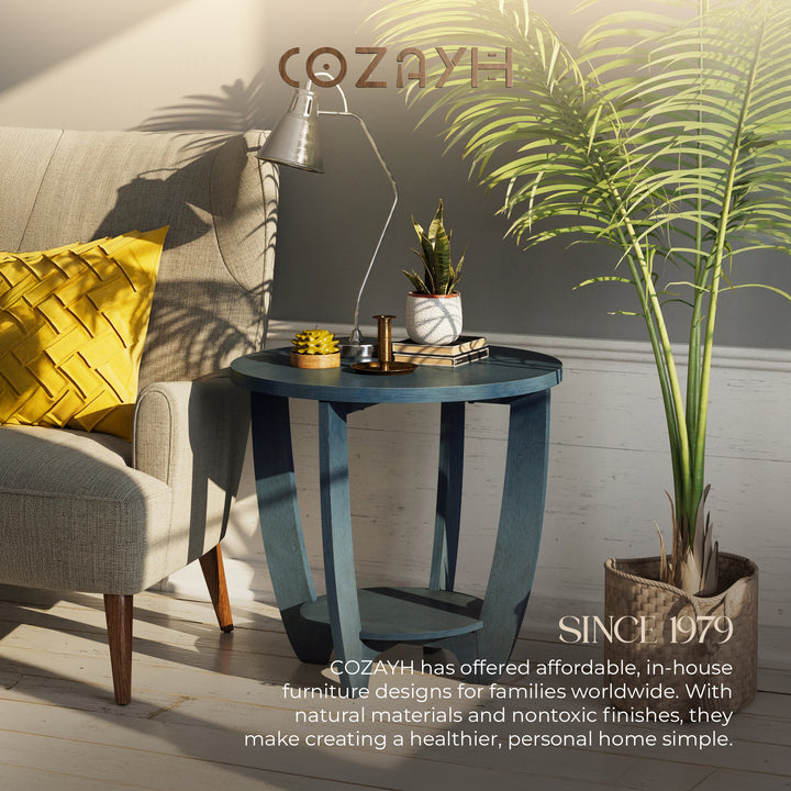COZAYH Round End Table with Storage Shelf for Living Room or Bedroom, Blue