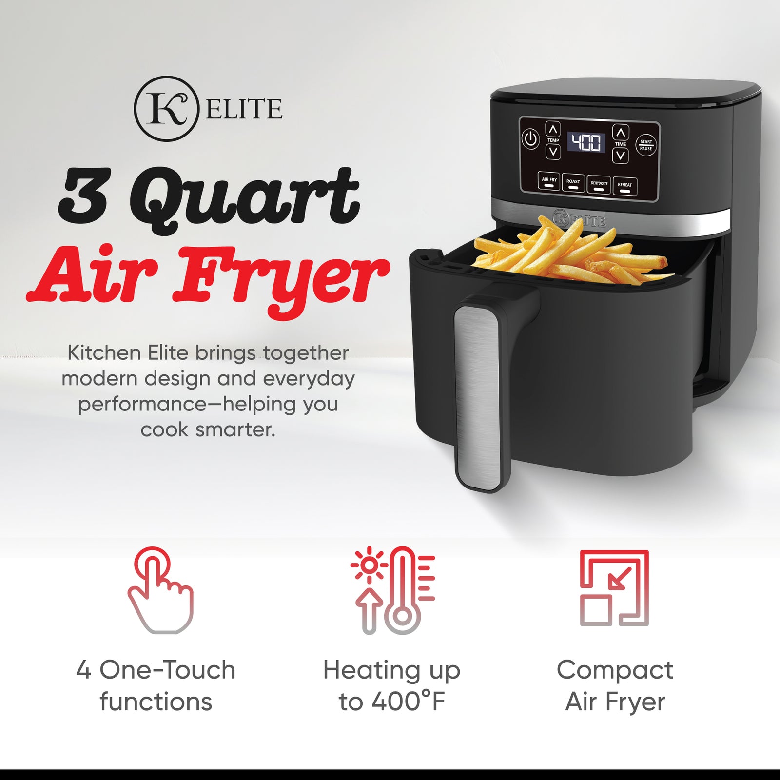 Kitchen Elite 3 Qt Digital Air Fryer, Countertop Nonstick Basket Oven, Black - VMInnovations