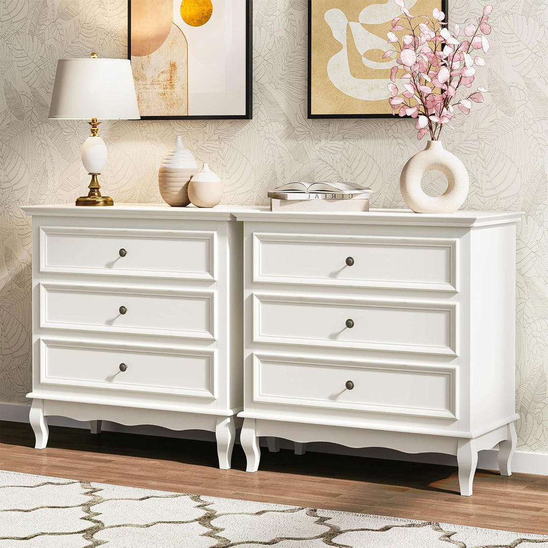 RoyalCraft Wood Storage Drawer Nightstand Bedroom End Tables, White, Set of 2