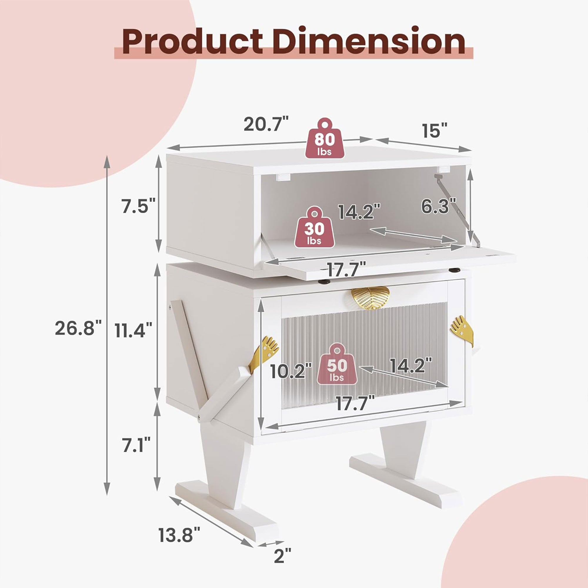 RoyalCraft Nightstand with LED, Rotating Drawer and Glass Door, White - VMInnovations