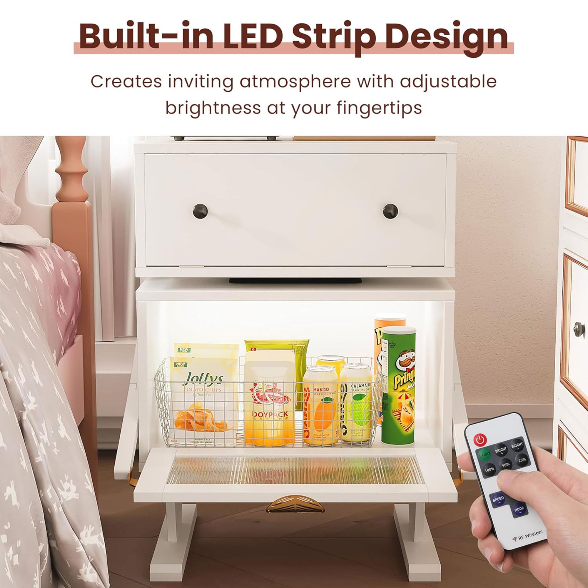 RoyalCraft Nightstand with LED, Rotating Drawer and Glass Door, White - VMInnovations