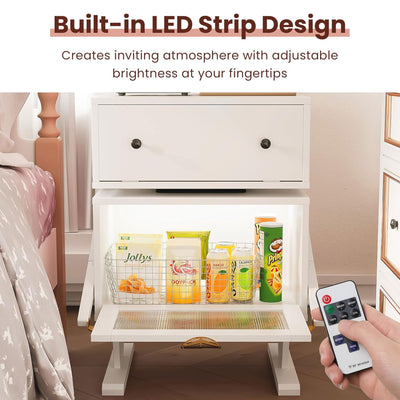 RoyalCraft Nightstand with LED, Rotating Drawer and Glass Door, White - VMInnovations
