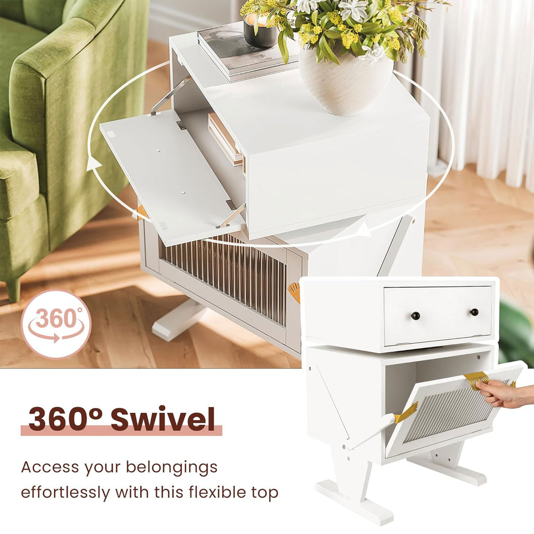 RoyalCraft Nightstand with LED, Rotating Drawer and Glass Door, Set of 2, White