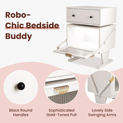 RoyalCraft Nightstand with LED, Rotating Drawer and Glass Door, White - VMInnovations