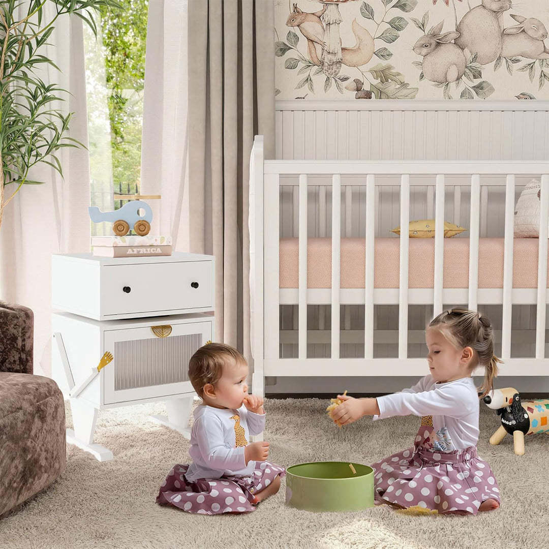 RoyalCraft Nightstand with LED, Rotating Drawer & Glass Door, Set of 2(Open Box)