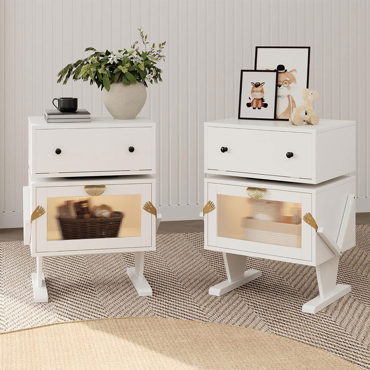 RoyalCraft Nightstand with LED, Rotating Drawer and Glass Door, Set of 2, White