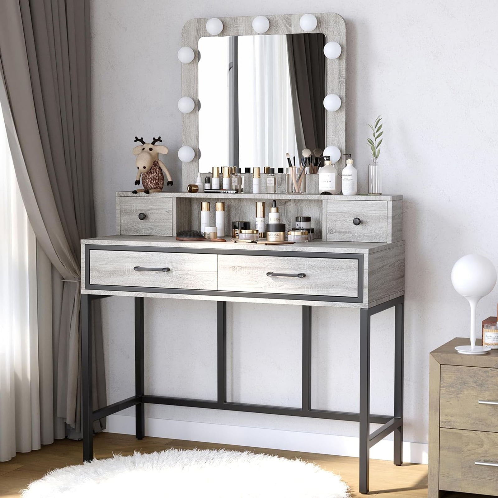 RoyalCraft Vanity Desk for Makeup with Mirror, Dimmable Lights & Drawers, Grey - VMInnovations