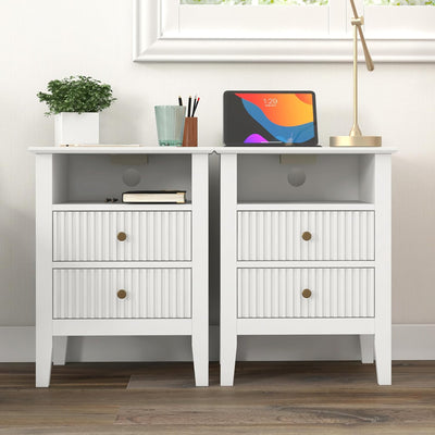 RoyalCraft Fluted 2 Drawer Nightstand with Charging Station, Set of 2, White - VMInnovations
