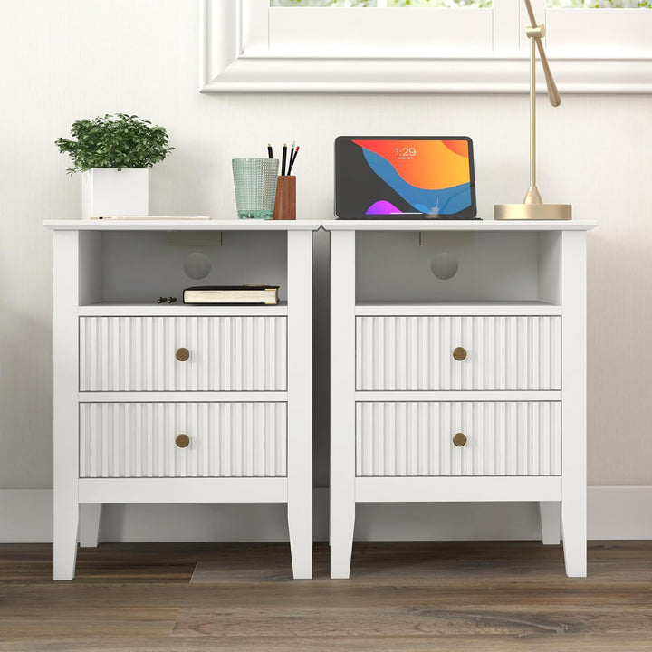 RoyalCraft Fluted 2 Drawer Nightstand w/Charging Station, White (Open Box)