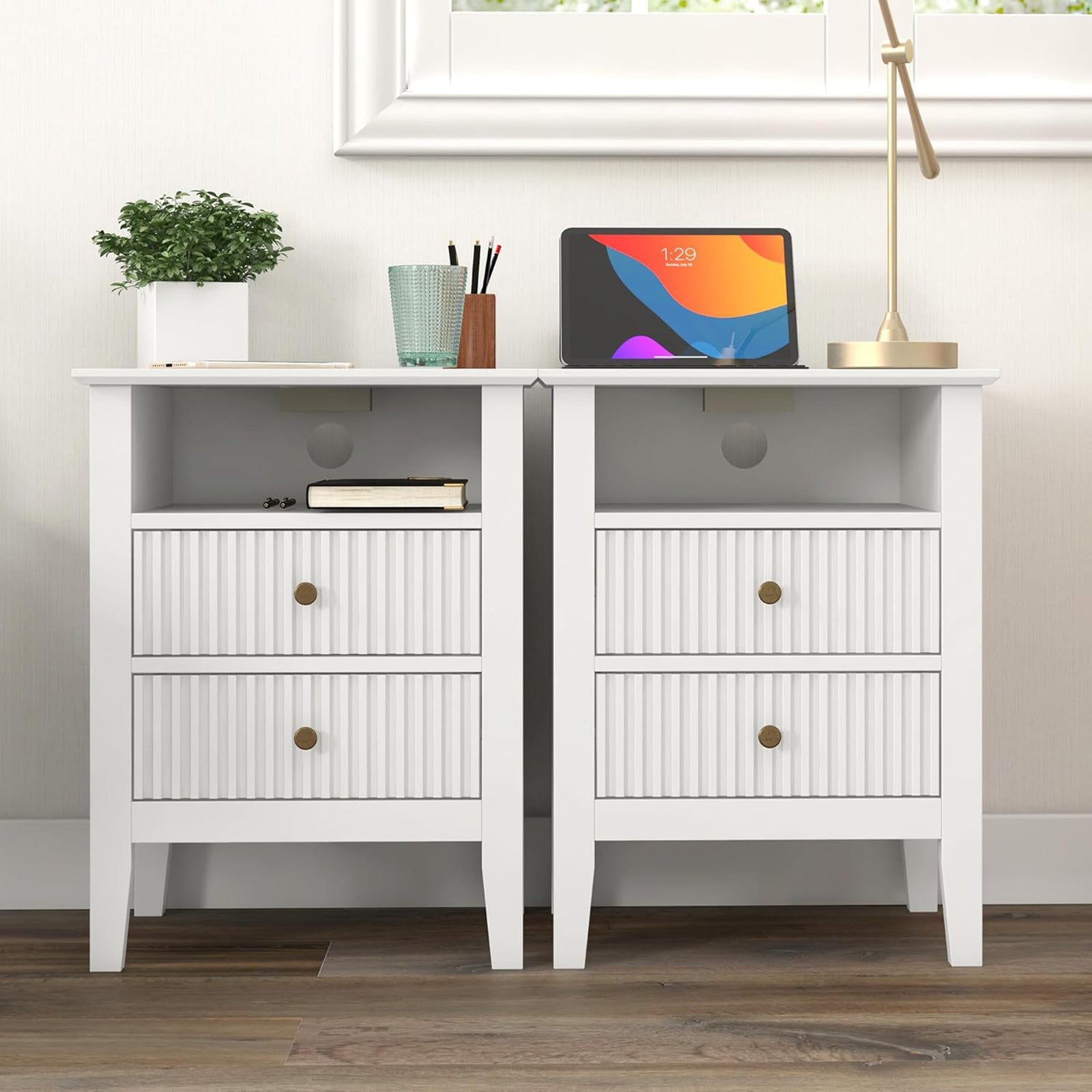 RoyalCraft Fluted 2 Drawer Nightstand w/Charging Station, White (Open Box) - VMInnovations