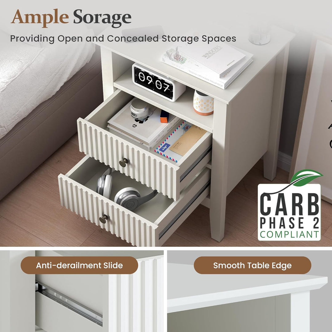 RoyalCraft Fluted 2 Drawer Nightstand w/Charging Station, White (Open Box) - VMInnovations