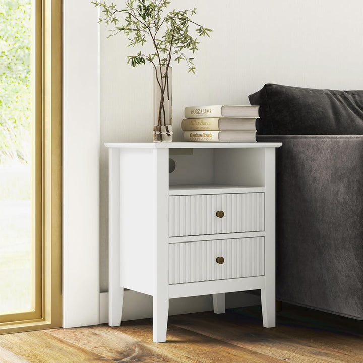RoyalCraft Fluted 2 Drawer Nightstand w/Charging Station, White (Open Box)