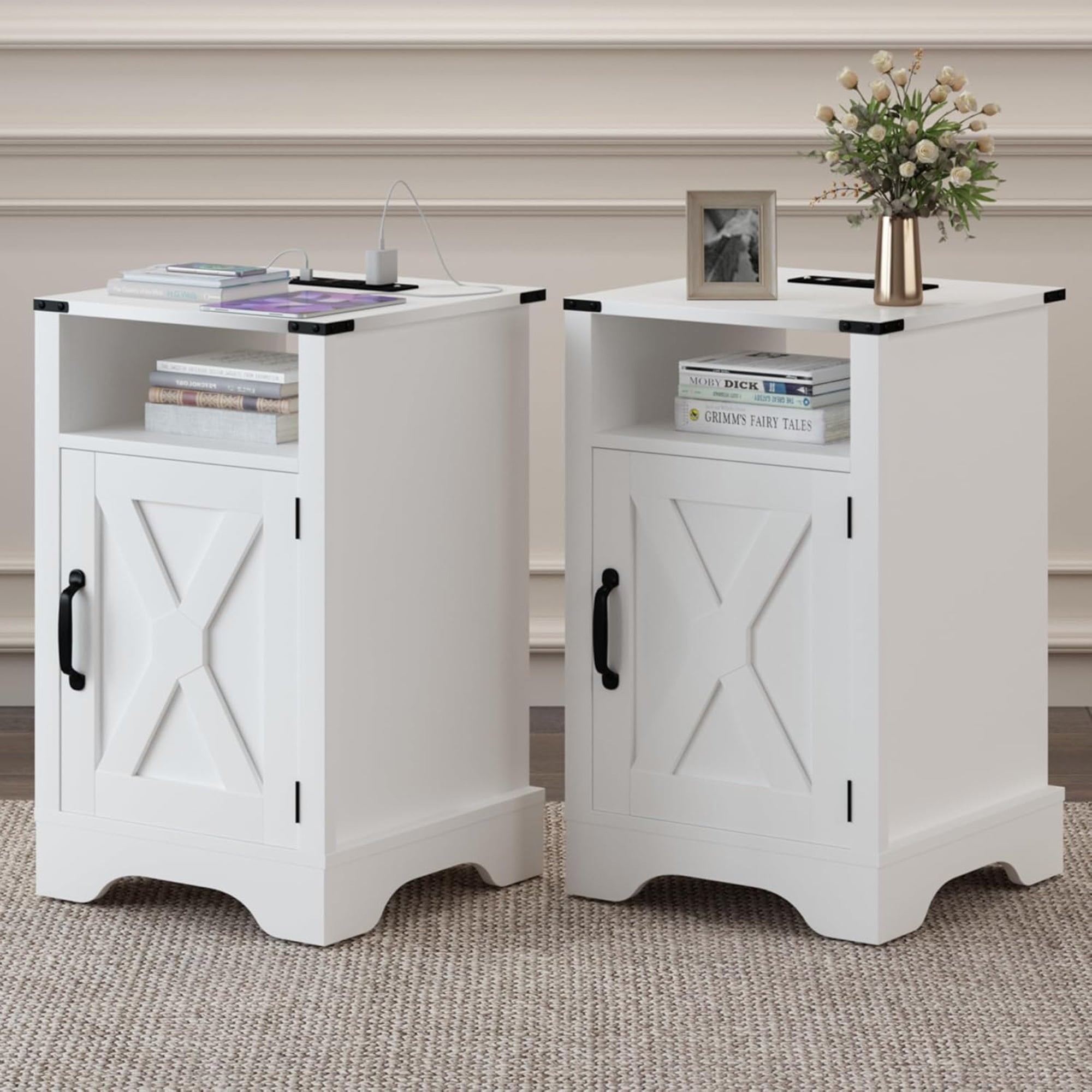 RoyalCraft Farmhouse Bedroom Nightstand with Charging Station, Set of 2, White - VMInnovations