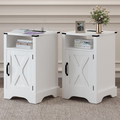 RoyalCraft Farmhouse Bedroom Nightstand with Charging Station, Set of 2, White - VMInnovations