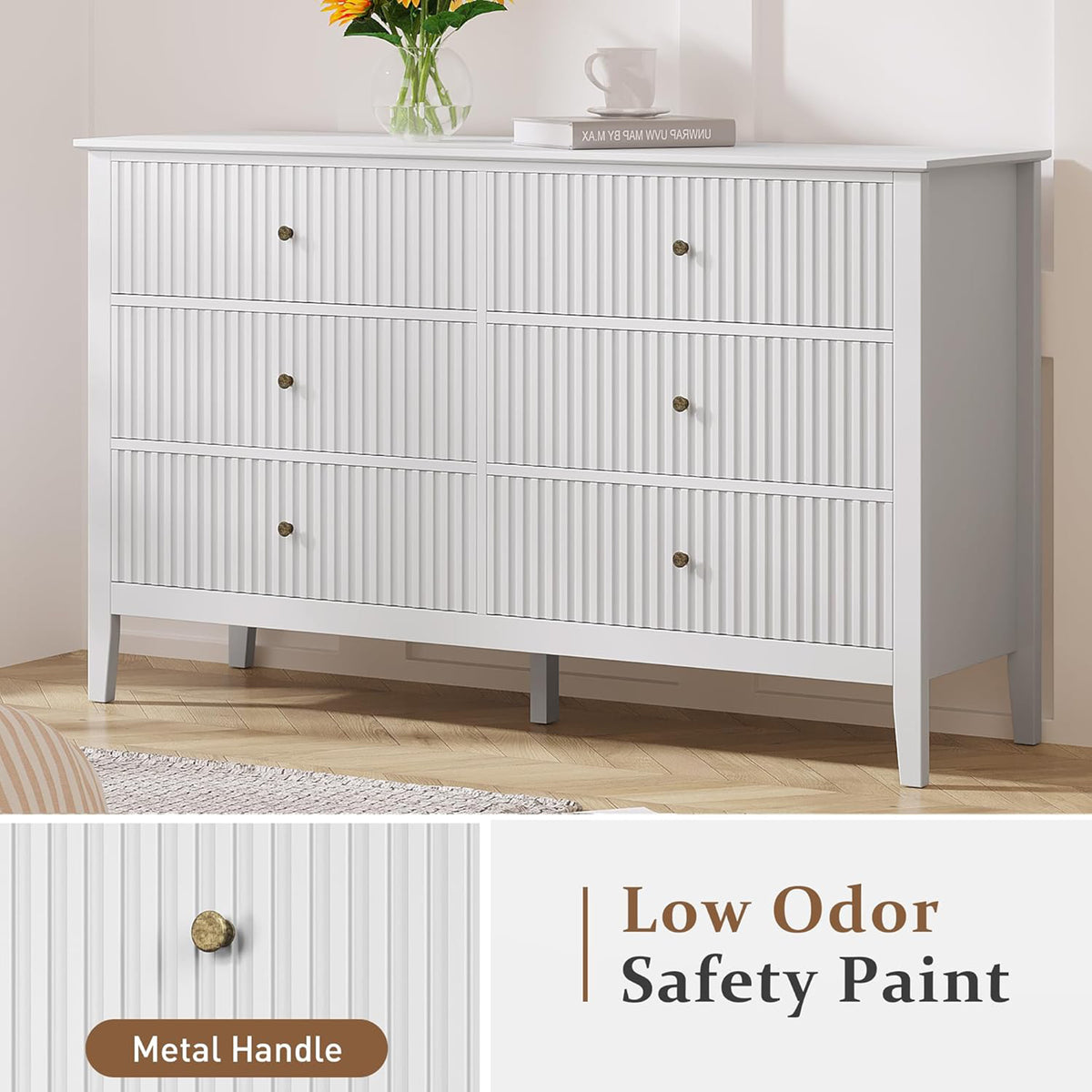 RoyalCraft Fluted Dresser 6 Drawer Bedroom Cabinet and Nightstand (Open Box) - VMInnovations