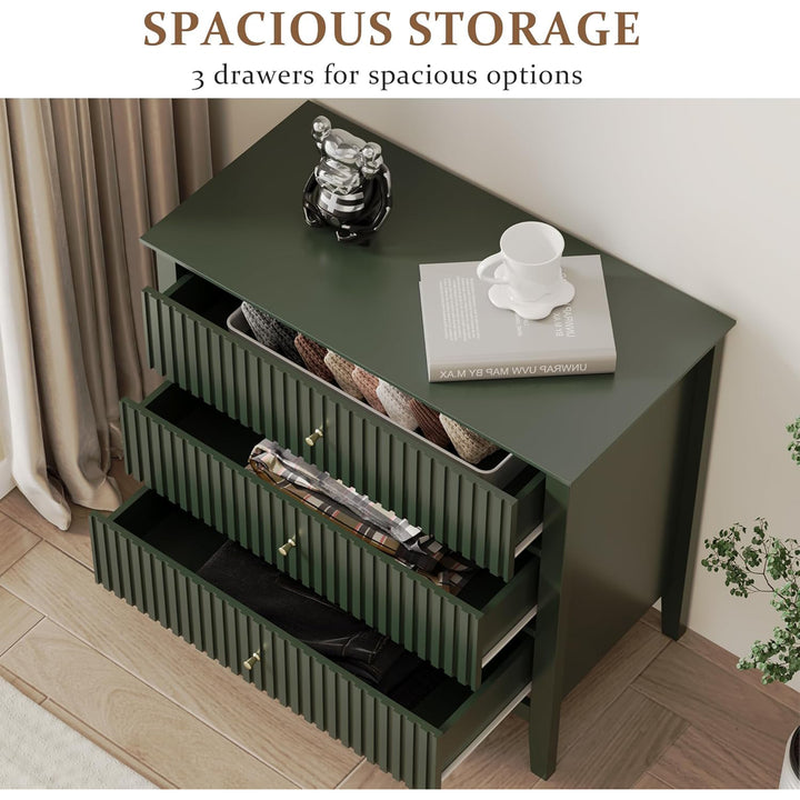 RoyalCraft Fluted Dresser 3 Drawer Bedroom Storage Cabinet and Nightstand, Green
