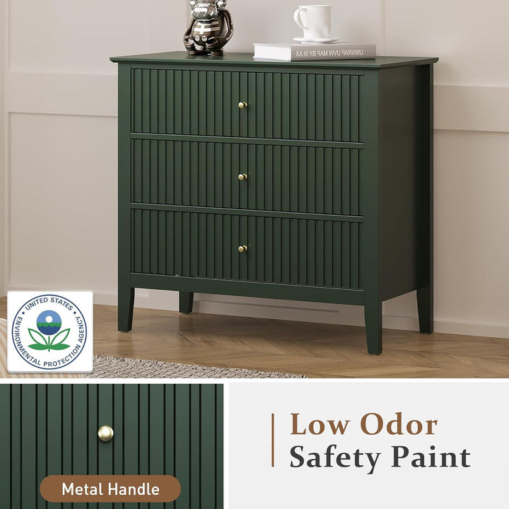 RoyalCraft Fluted Dresser 3 Drawer Bedroom Storage Cabinet and Nightstand, Green