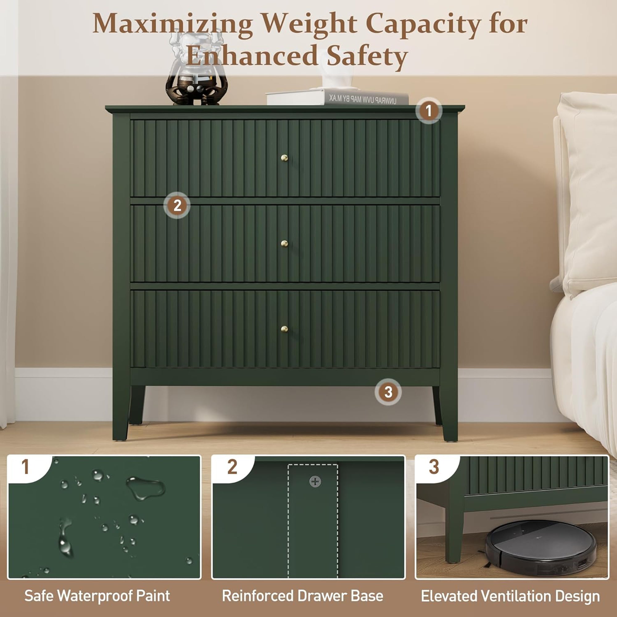 RoyalCraft Fluted Dresser 3 Drawer Bedroom Storage Cabinet (Open Box) - VMInnovations
