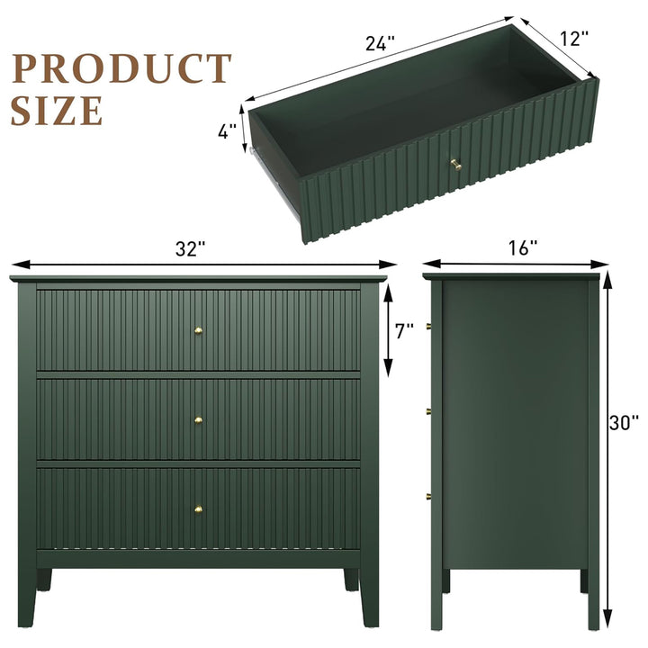 RoyalCraft Fluted Dresser 3 Drawer Bedroom Storage Cabinet and Nightstand, Green