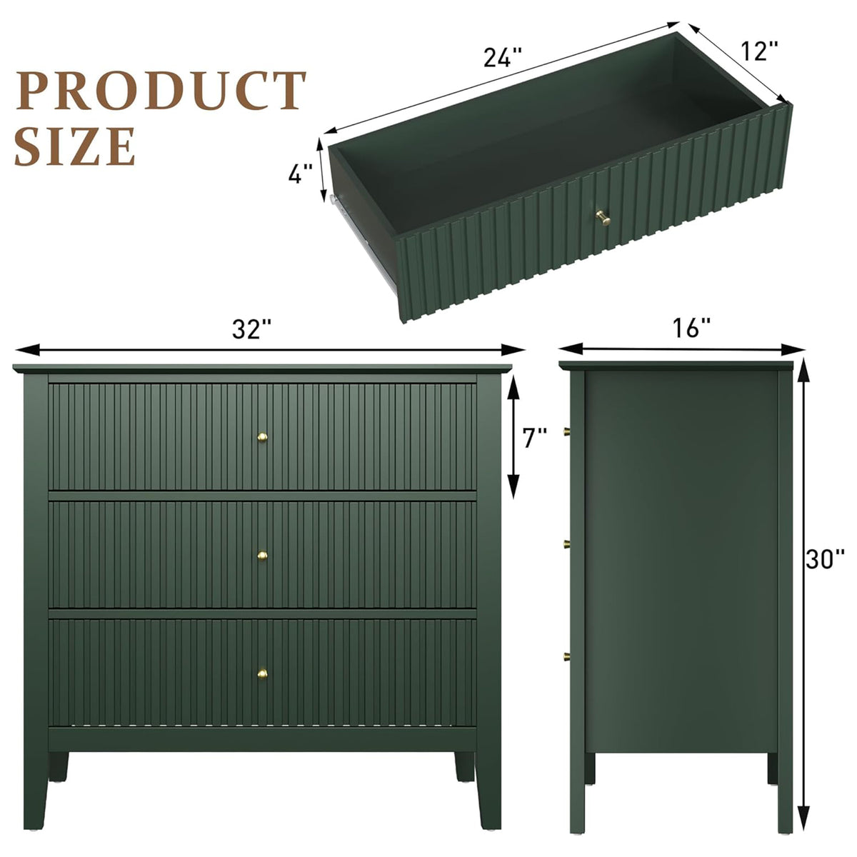 RoyalCraft Fluted Dresser 3 Drawer Bedroom Storage Cabinet (Open Box) - VMInnovations