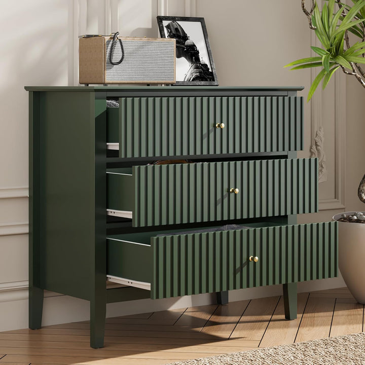 RoyalCraft Fluted Dresser 3 Drawer Bedroom Storage Cabinet and Nightstand, Green