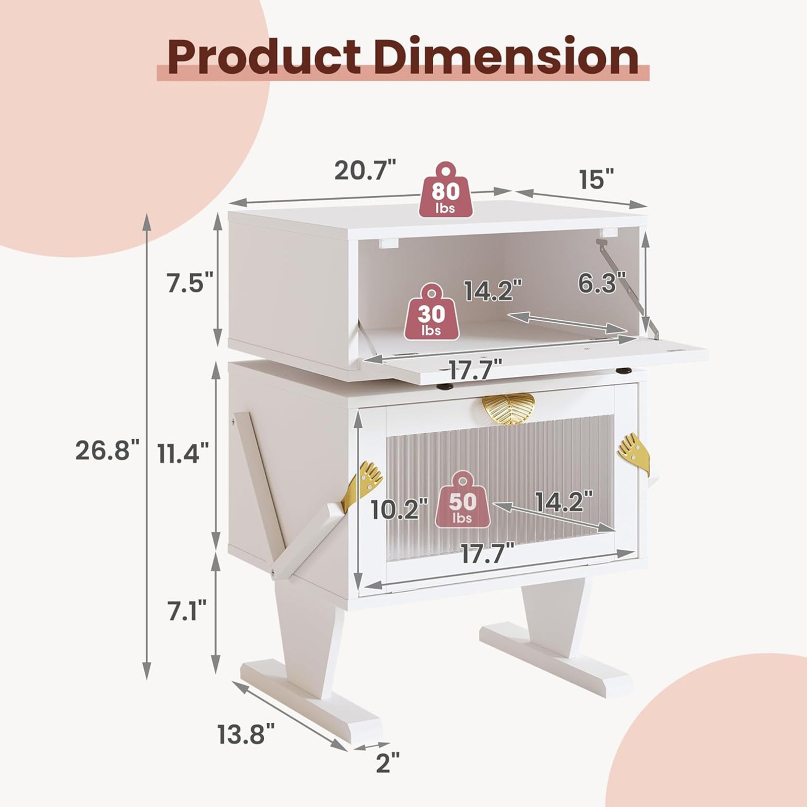 RoyalCraft Nightstand with LED Light Strips, Rotating Drawer & Glass Door, White - VMInnovations