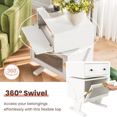 RoyalCraft Nightstand with LED Light Strips, Rotating Drawer & Glass Door, White - VMInnovations