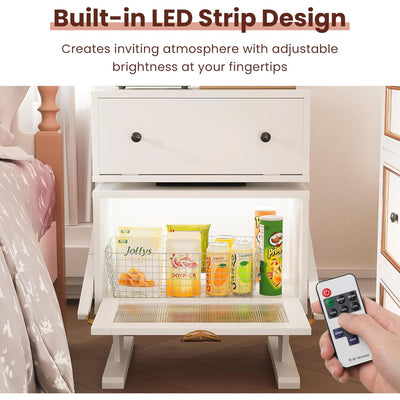 RoyalCraft Nightstand with LED Light Strips, Rotating Drawer & Glass Door, White - VMInnovations