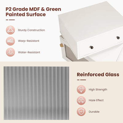 RoyalCraft Nightstand with LED Light Strips, Rotating Drawer & Glass Door, White - VMInnovations