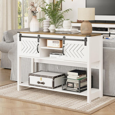 RoyalCraft Farmhouse Console Table with Storage Shelves, White & Oak (Open Box) - VMInnovations