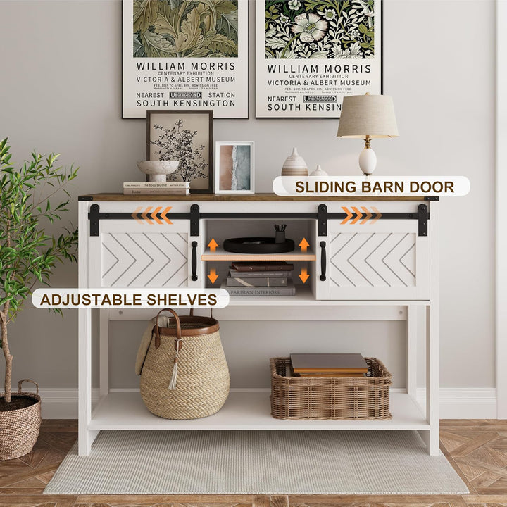 RoyalCraft Farmhouse Entryway Console Table with Storage Shelves, White & Oak
