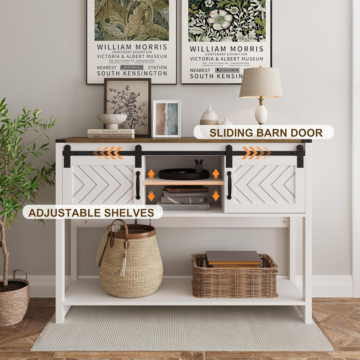 RoyalCraft Farmhouse Console Table with Storage Shelves, White & Oak (Open Box) - VMInnovations