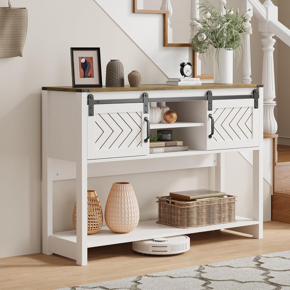 RoyalCraft Farmhouse Console Table with Storage Shelves, White & Oak (Open Box) - VMInnovations
