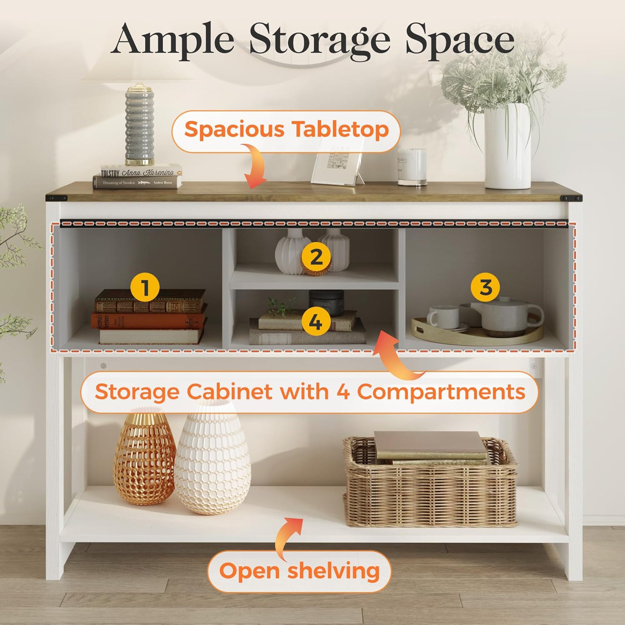 RoyalCraft Farmhouse Console Table with Storage Shelves, White & Oak (Open Box) - VMInnovations