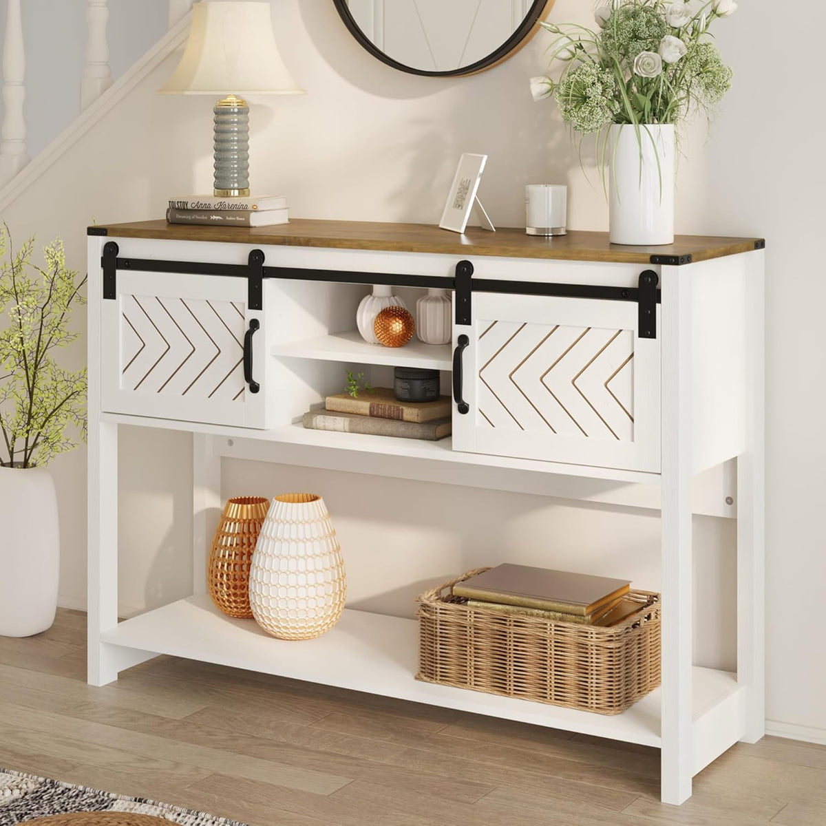 RoyalCraft Farmhouse Console Table with Storage Shelves, White & Oak (Open Box) - VMInnovations