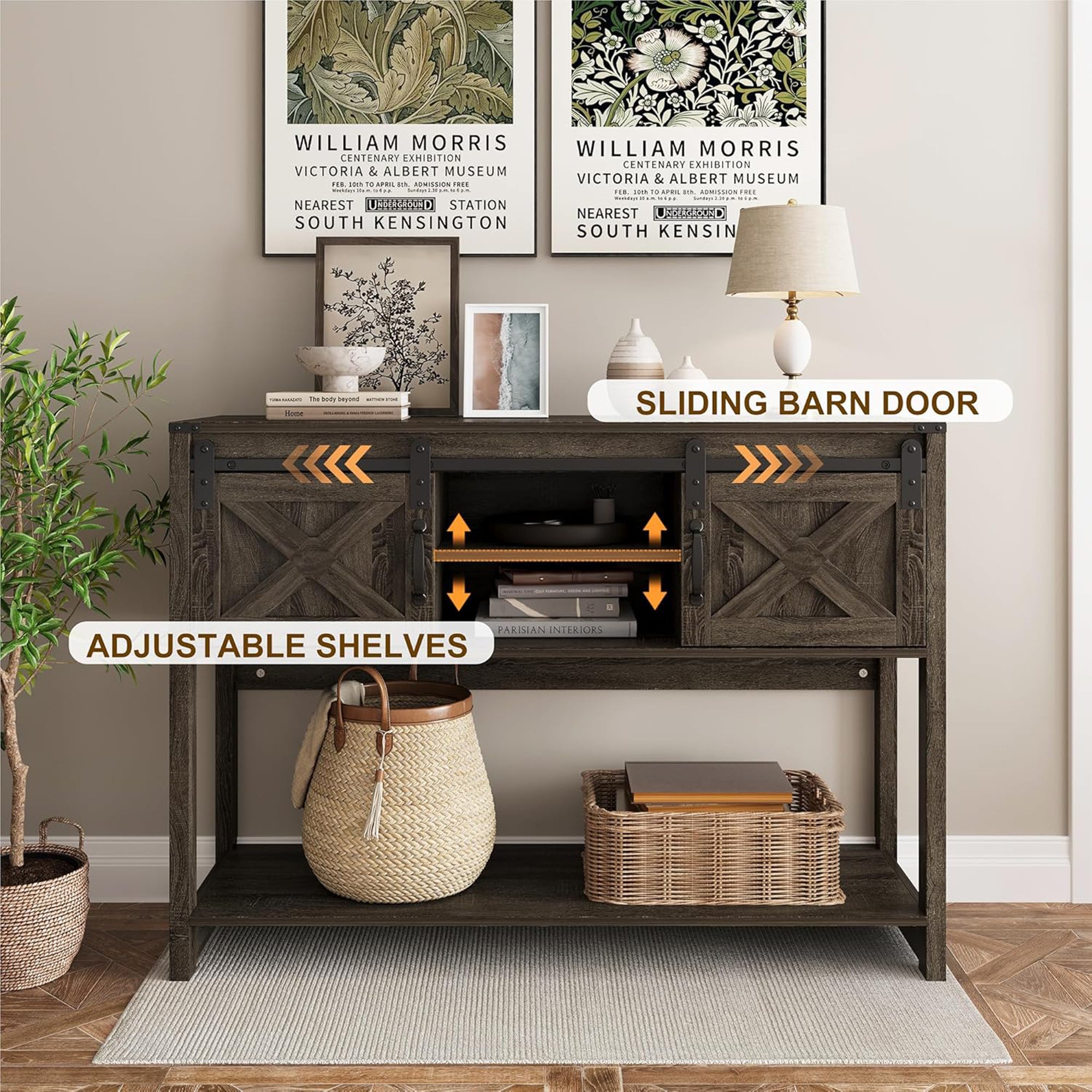RoyalCraft Farmhouse Entryway Console Table w/Storage Shelves, Grey (Open Box) - VMInnovations