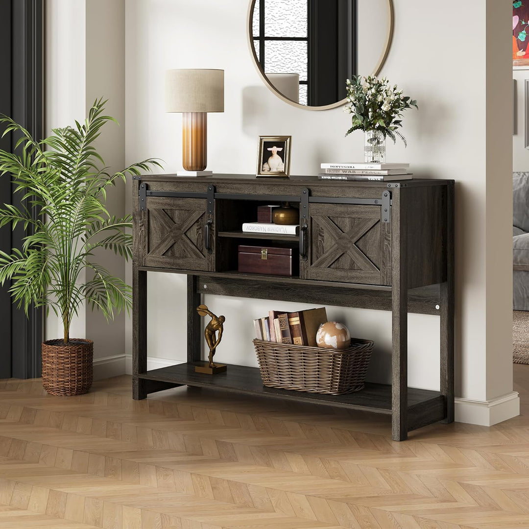 RoyalCraft Farmhouse Entryway Console Table with Storage Shelves, Dark Grey