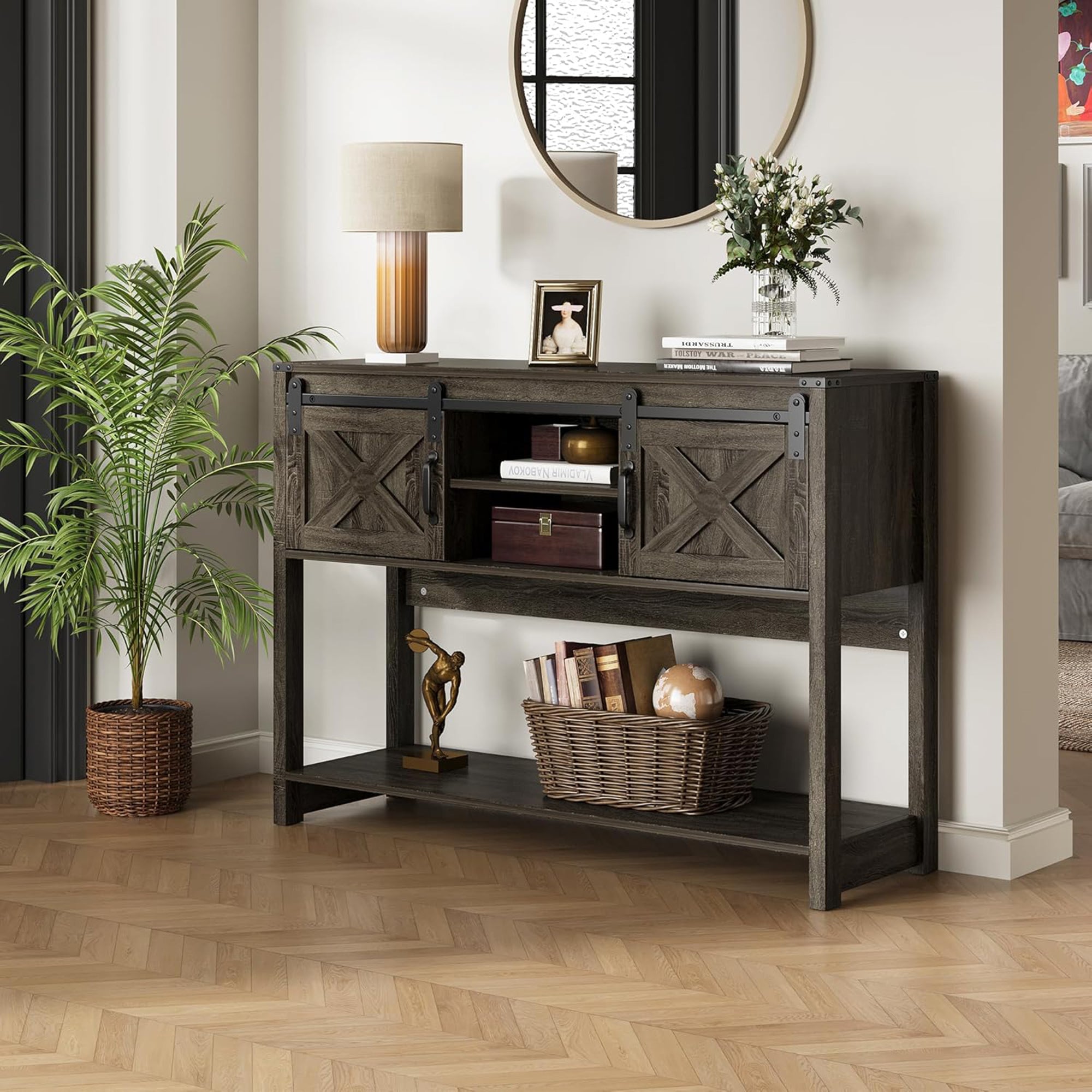 RoyalCraft Farmhouse Entryway Console Table w/Storage Shelves, Grey (Open Box) - VMInnovations