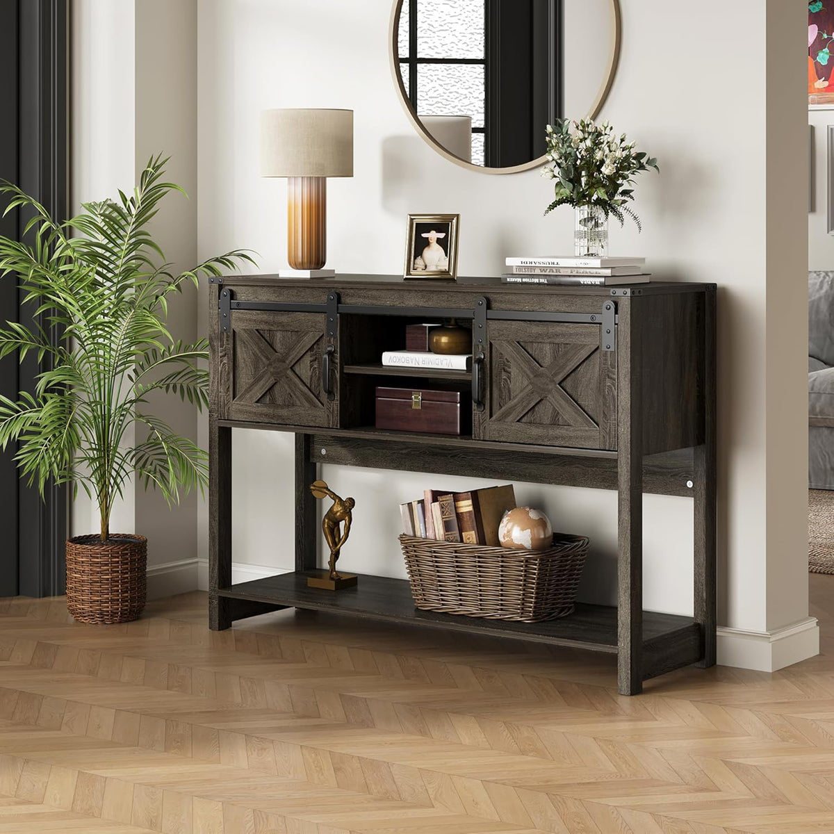 RoyalCraft Farmhouse Entryway Console Table w/Storage Shelves, Grey (Open Box) - VMInnovations