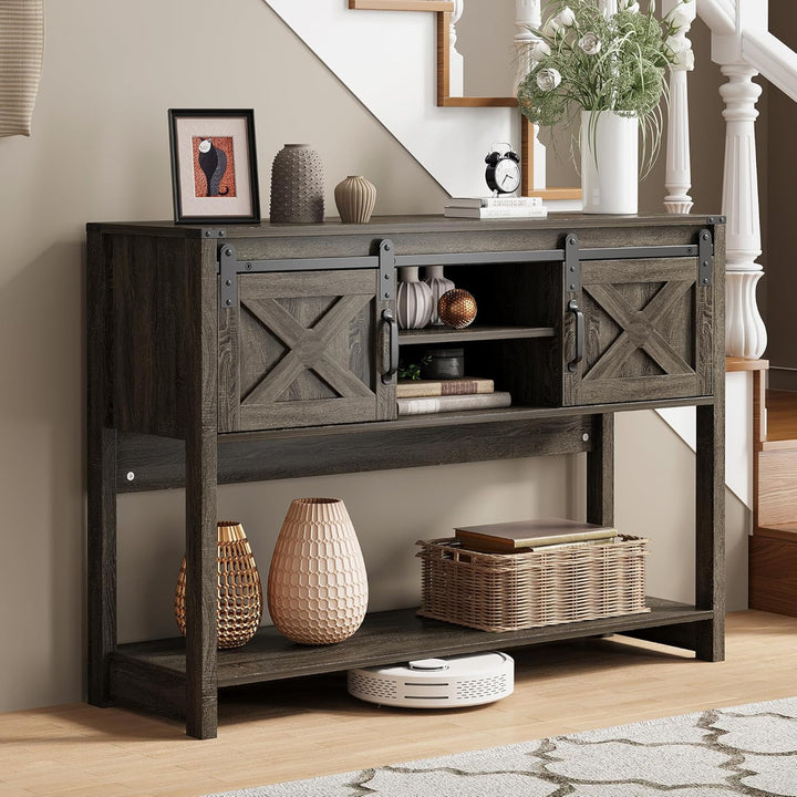 RoyalCraft Farmhouse Entryway Console Table with Storage Shelves, Dark Grey