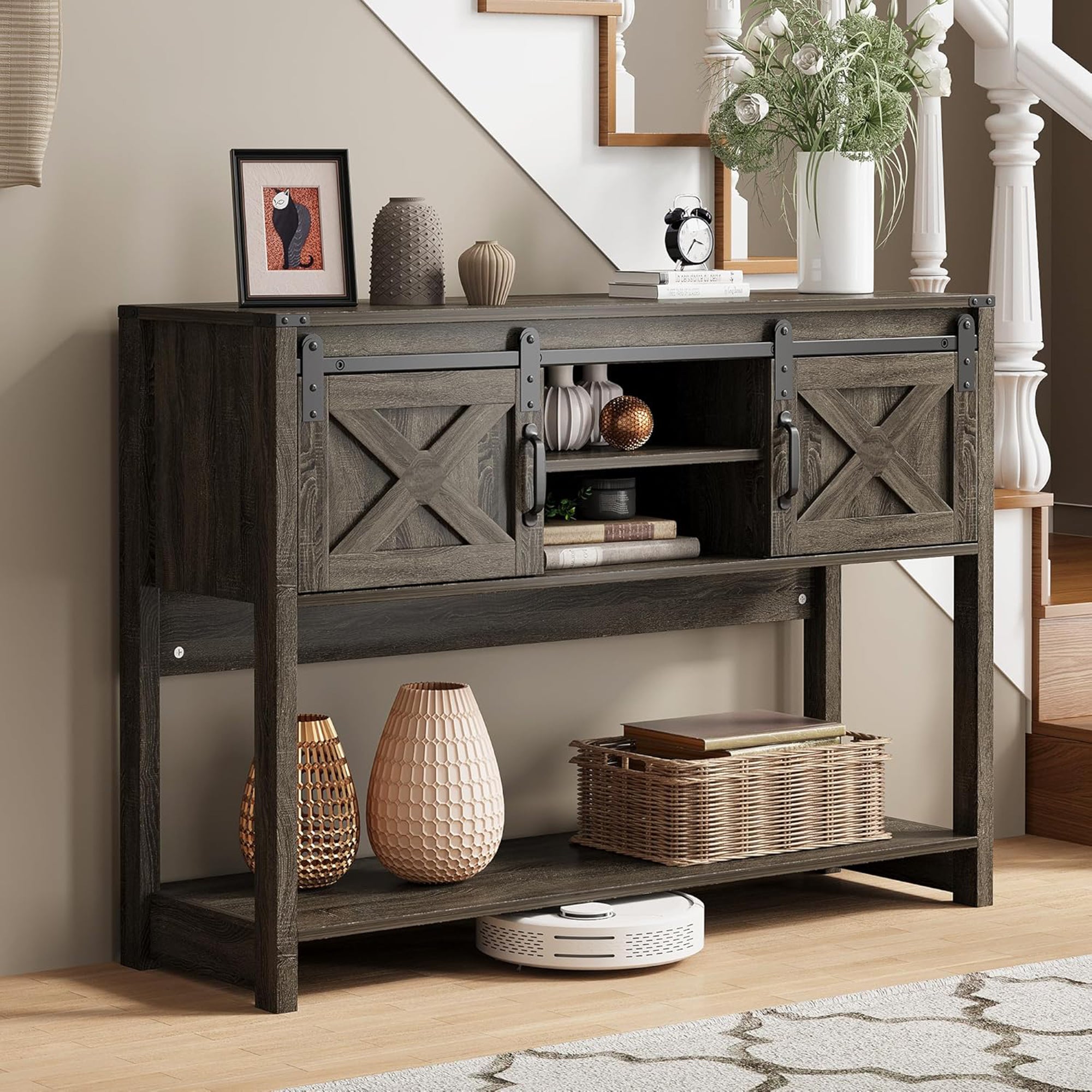 RoyalCraft Farmhouse Entryway Console Table w/Storage Shelves, Grey (Open Box) - VMInnovations