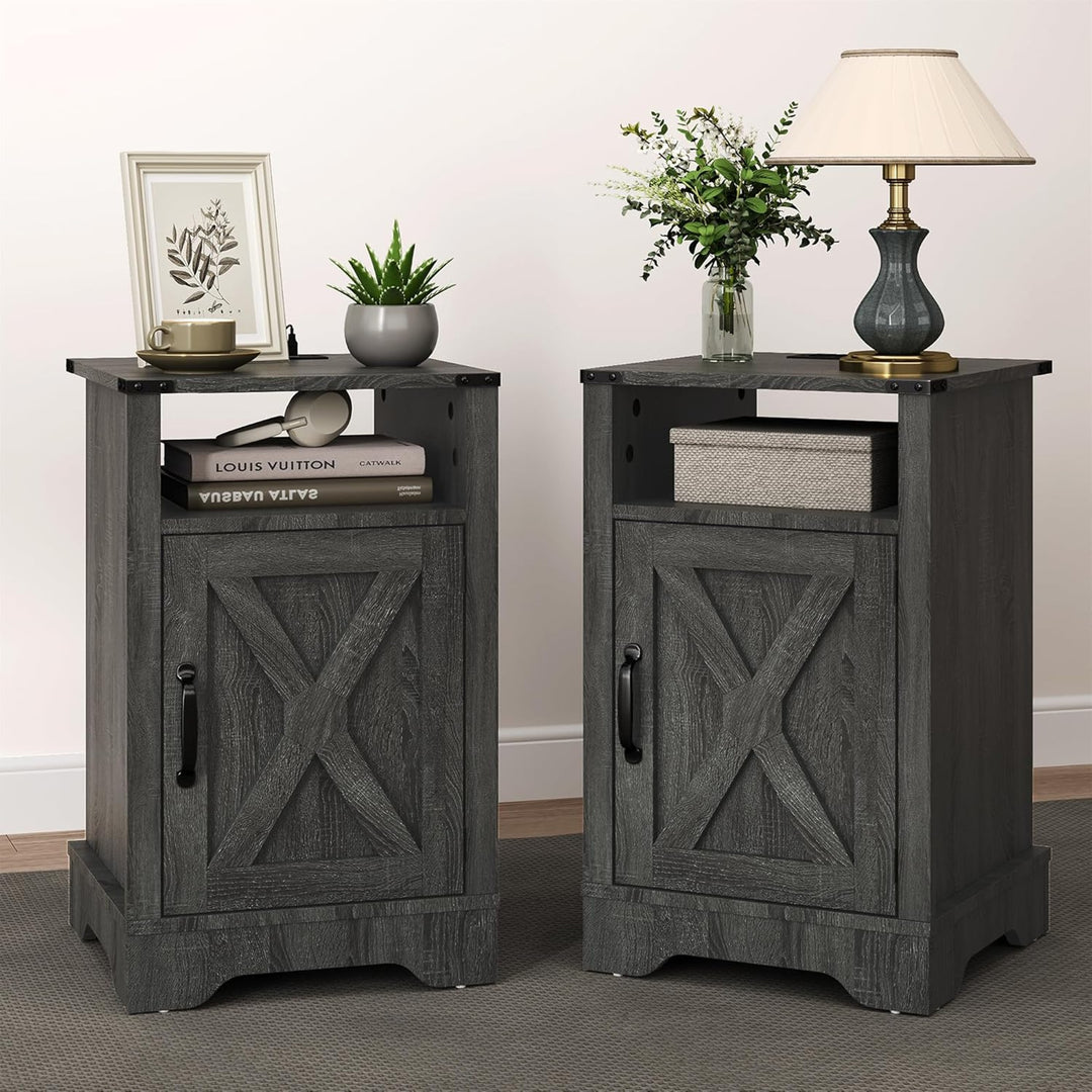 RoyalCraft Farmhouse Nightstand with Charging Station, Set of 2, Grey (Open Box)
