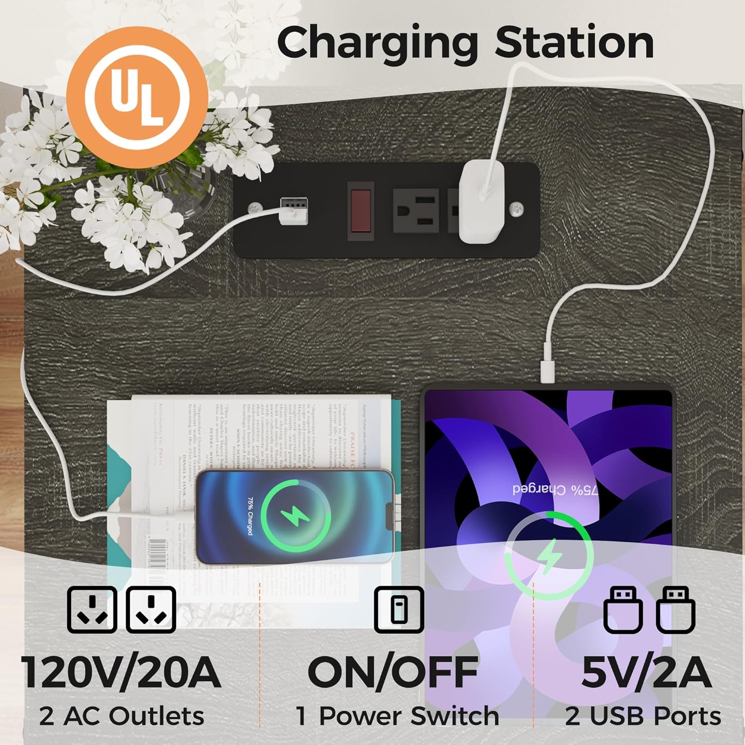 RoyalCraft Farmhouse Nightstand with Charging Station, Set of 2, Dark Grey - VMInnovations