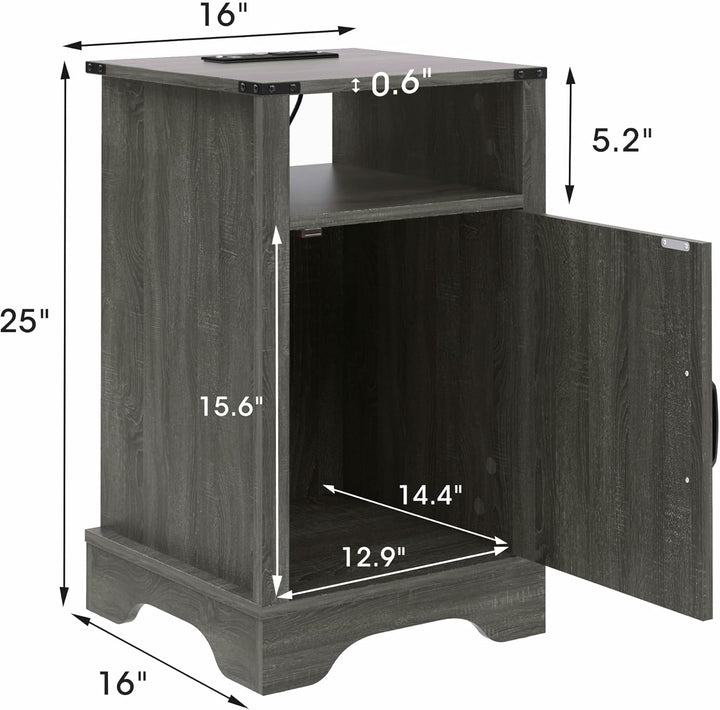 RoyalCraft Farmhouse Nightstand with Charging Station, Set of 2, Dark Grey