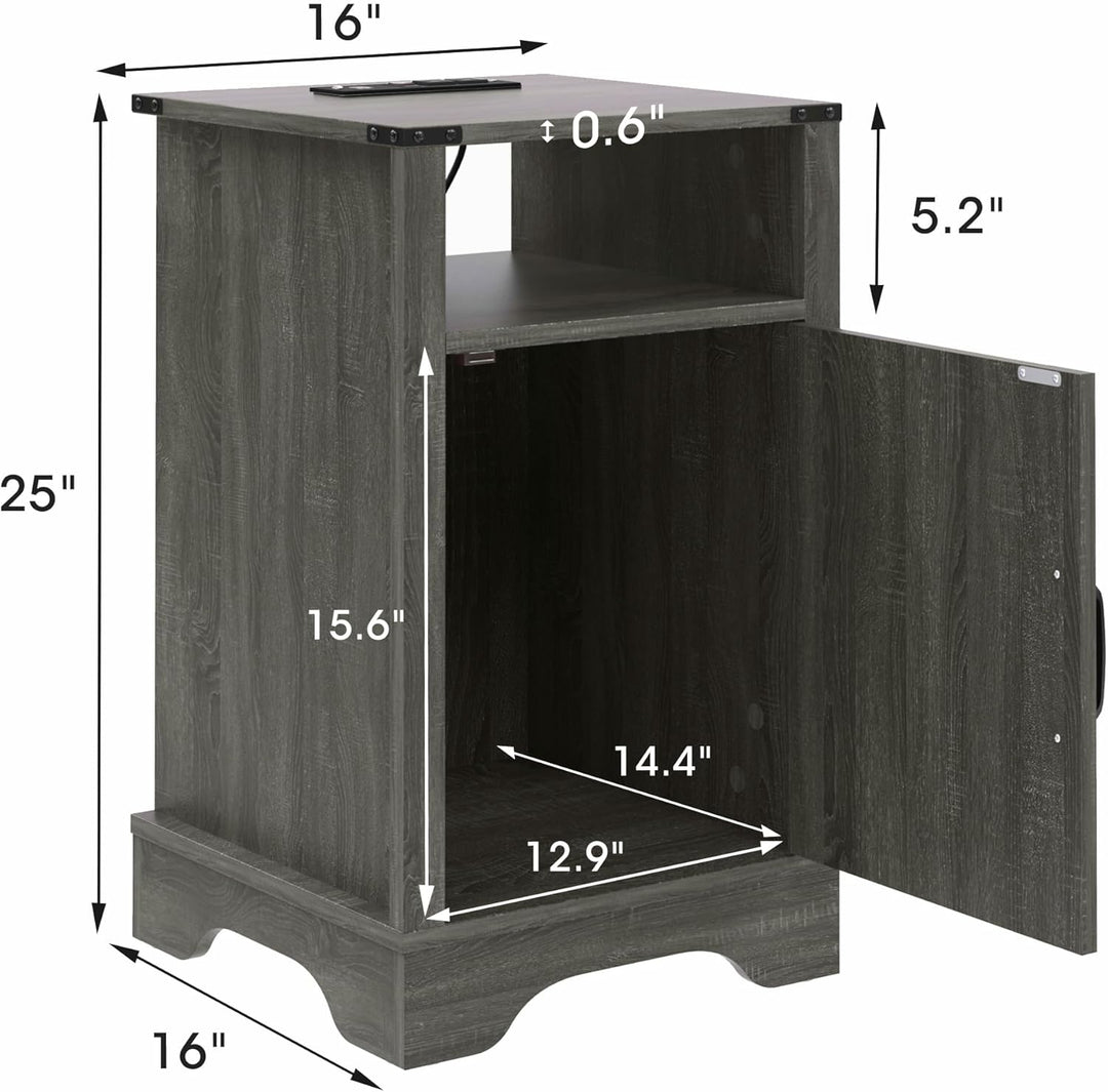 RoyalCraft Farmhouse Nightstand with Charging Station, Set of 2, Grey (Open Box)