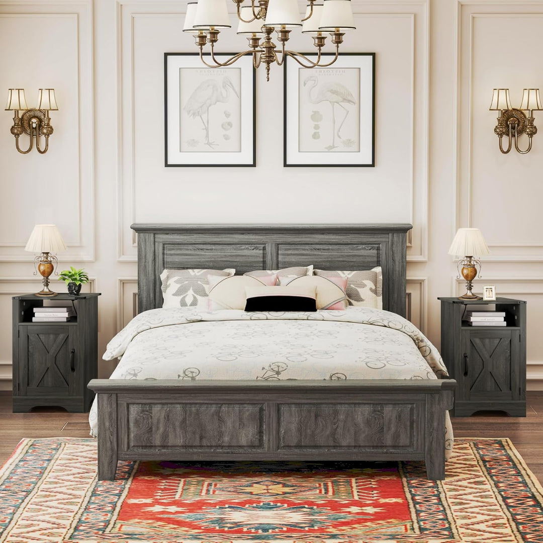 RoyalCraft Farmhouse Nightstand with Charging Station, Set of 2, Grey (Open Box)