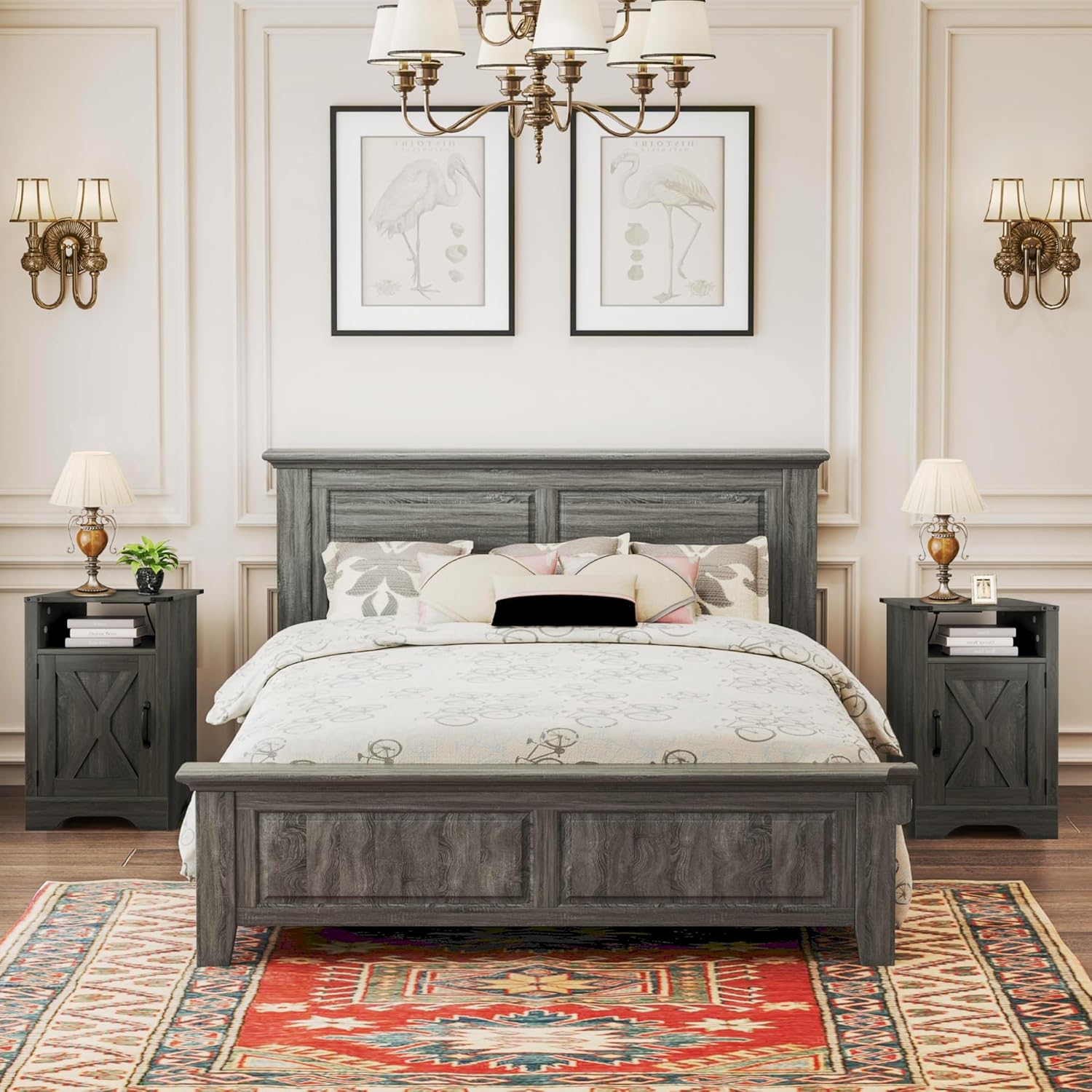 RoyalCraft Farmhouse Nightstand with Charging Station, Set of 2, Grey (Open Box) - VMInnovations